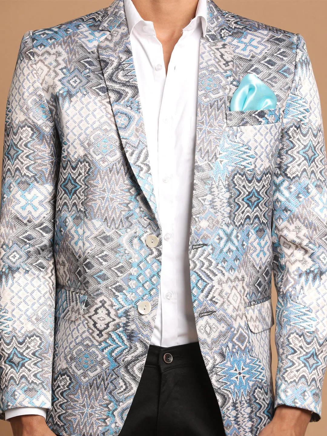 VASTRAMAY Men's Gray Multi-Color Printed  Silk Blend Blazer