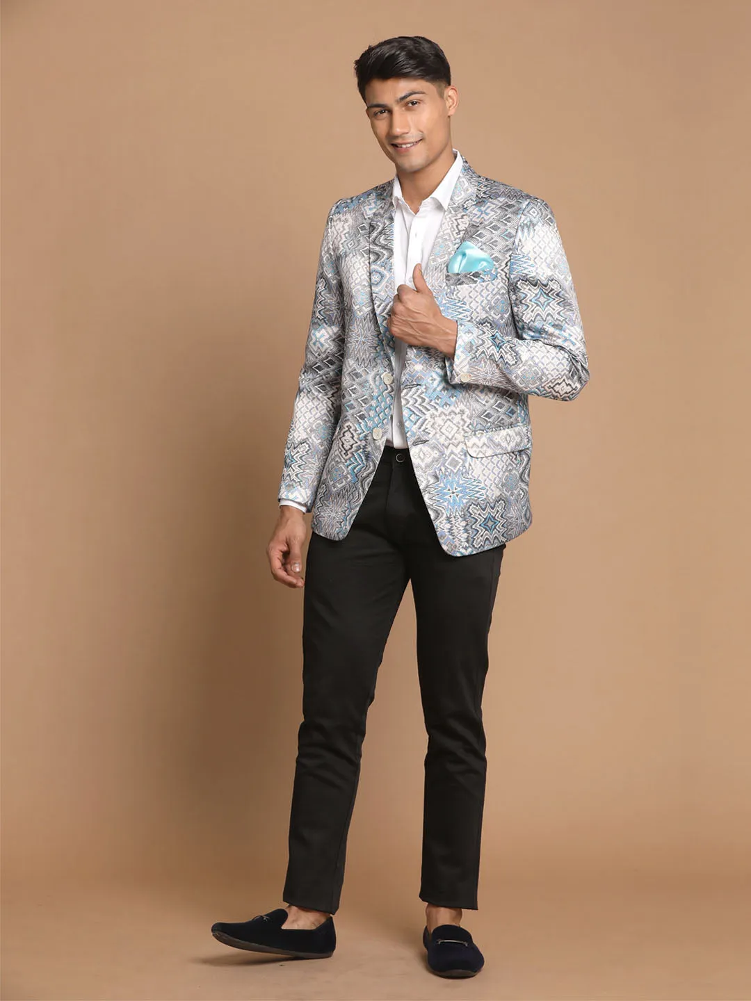 VASTRAMAY Men's Gray Multi-Color Printed  Silk Blend Blazer