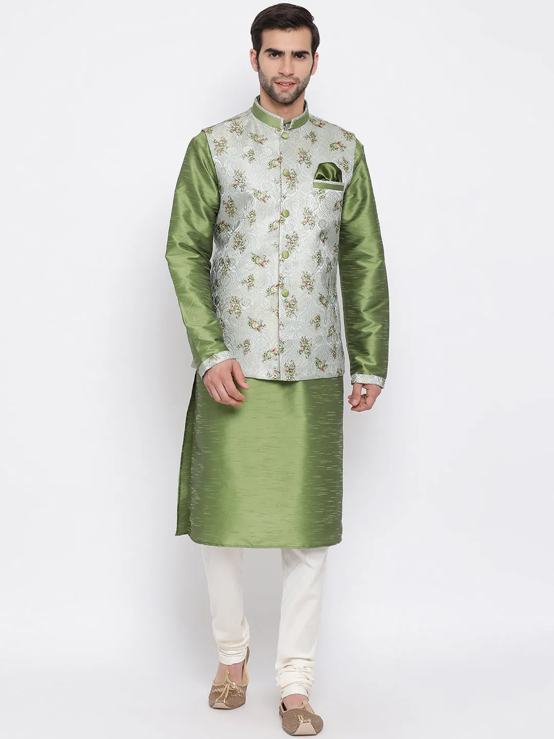 VASTRAMAY Men's Grey & Green Printed Woven Nehru Jacket