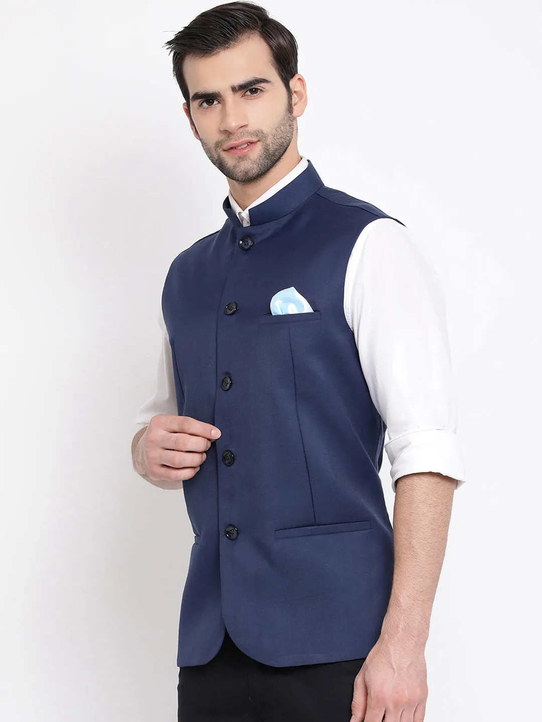 VASTRAMAY Men's Navy Blue Cotton Blend Twill Nehru Jacket