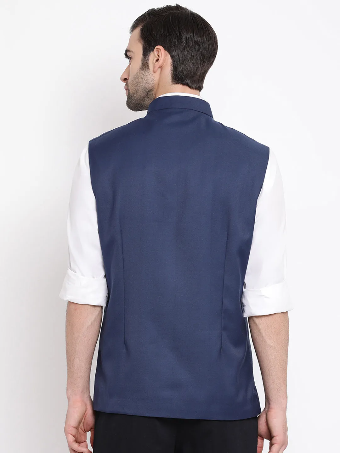 VASTRAMAY Men's Navy Blue Cotton Blend Twill Nehru Jacket