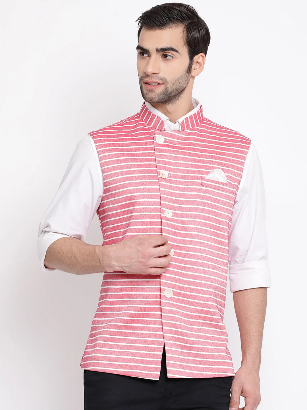 VASTRAMAY Men's Red Stripes And Angrakha Pattern Classic Nehru Jacket