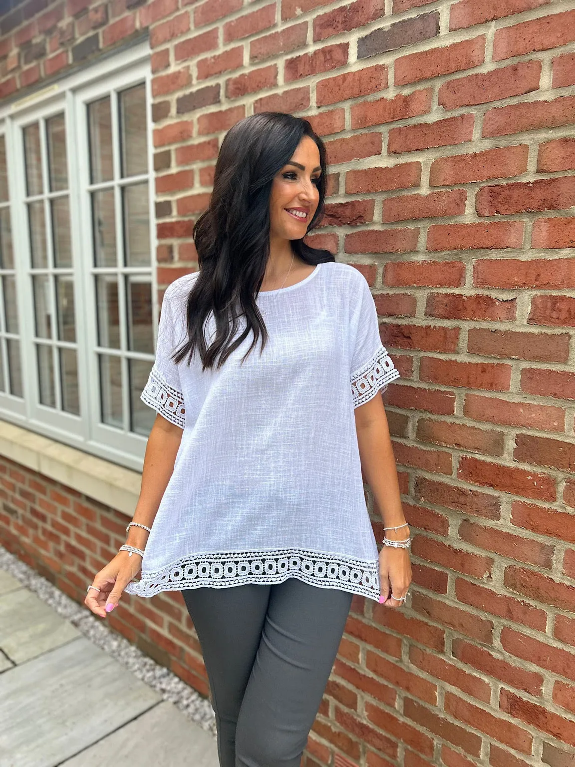 White Crochet Trim Top Rachel