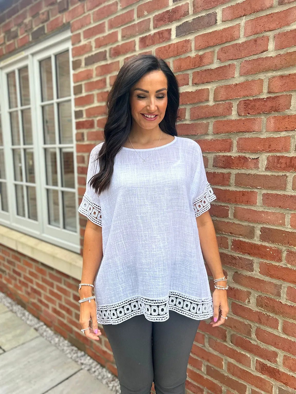 White Crochet Trim Top Rachel