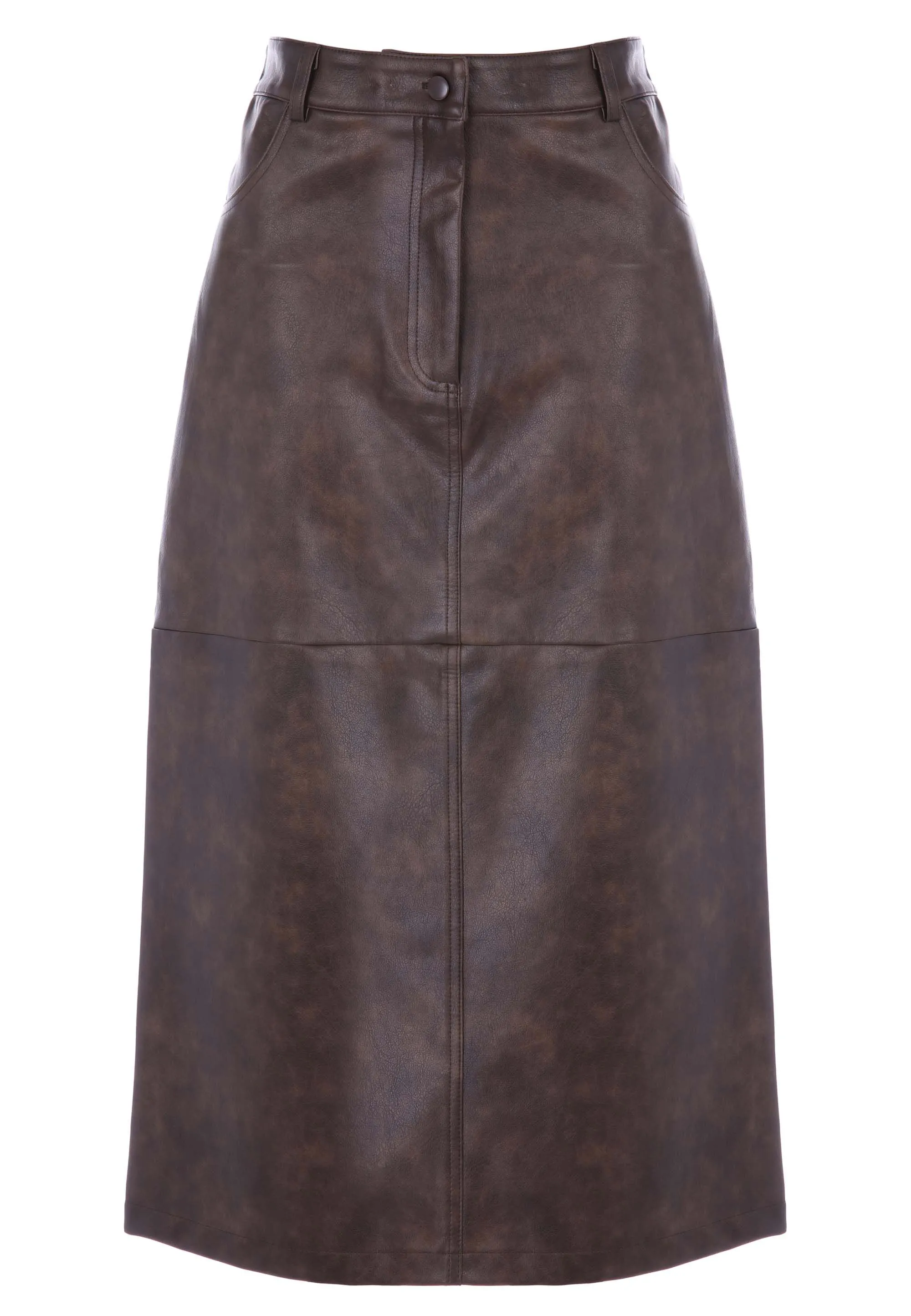 Womens Brown Distressed PU Midi Skirt