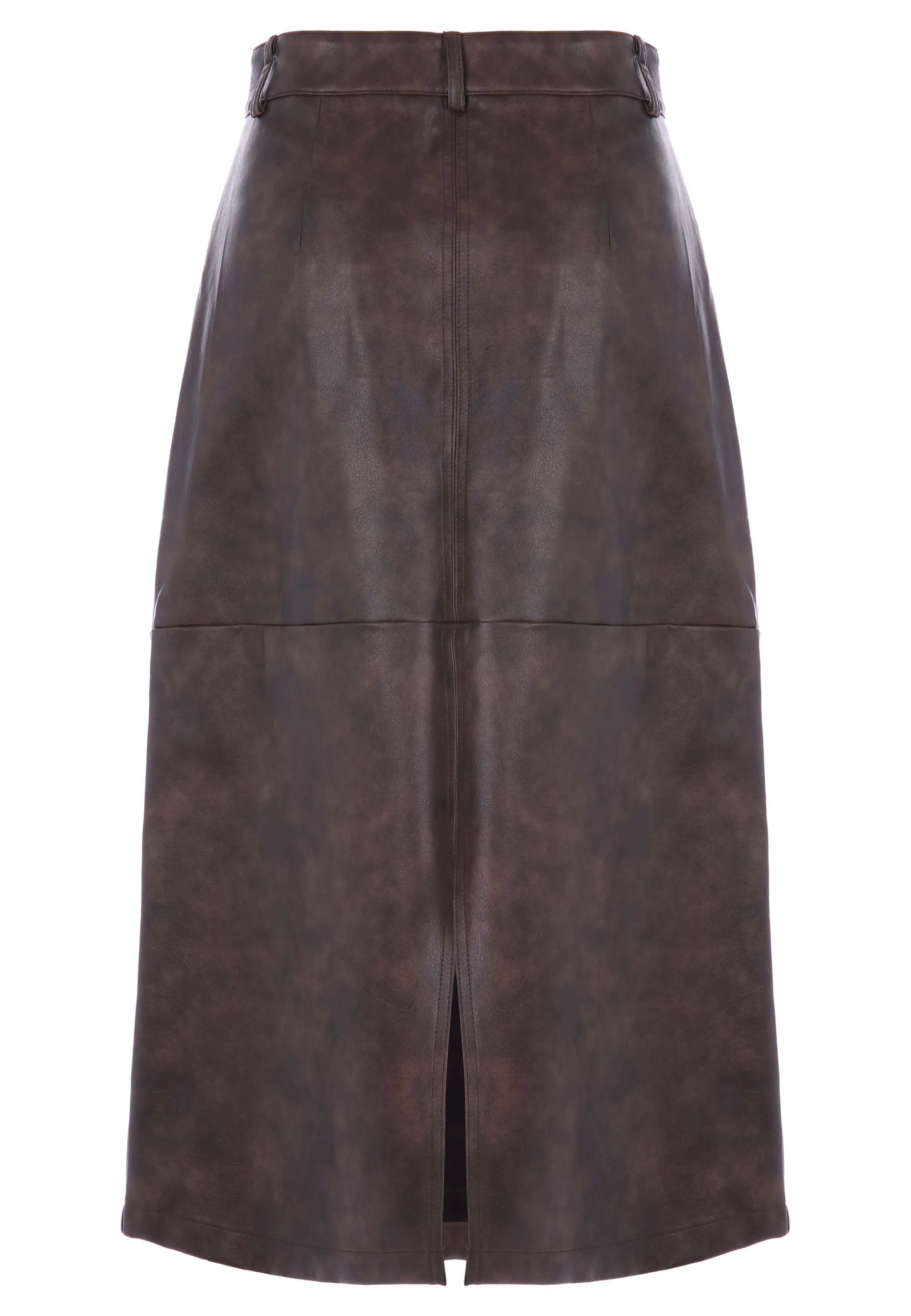 Womens Brown Distressed PU Midi Skirt