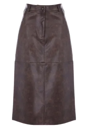 Womens Brown Distressed PU Midi Skirt