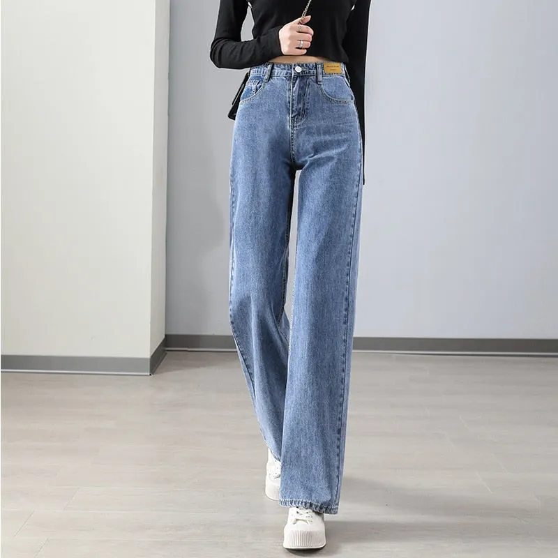 Women's Denim Korean Fashion High Waist Streetwear Straight Leg Trousers