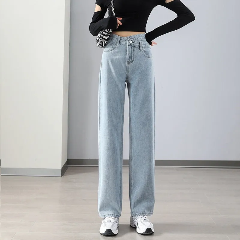 Women's Denim Korean Fashion High Waist Streetwear Straight Leg Trousers