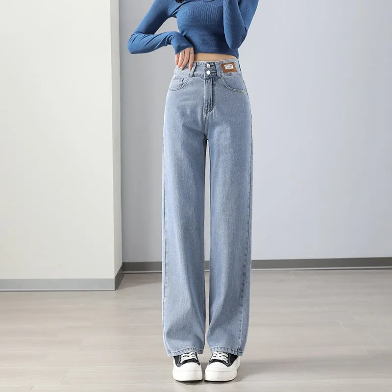 Women's Denim Korean Fashion High Waist Streetwear Straight Leg Trousers