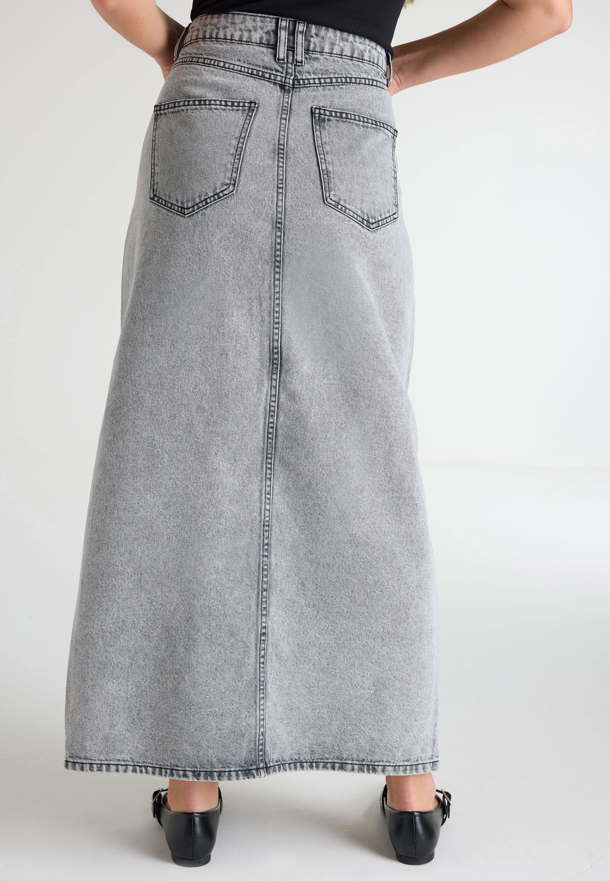 Womens Grey Denim Front Split Skirt