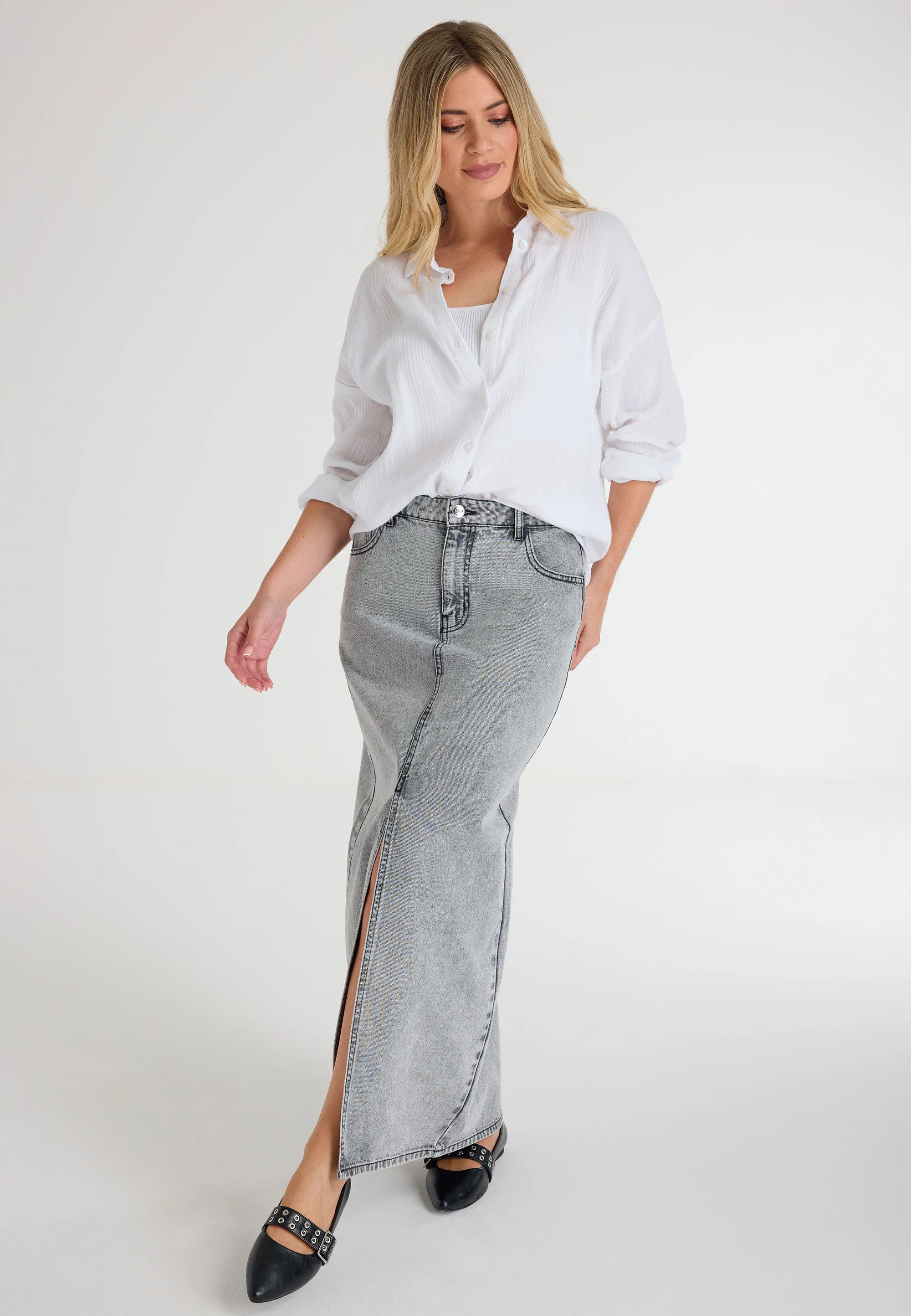 Womens Grey Denim Front Split Skirt