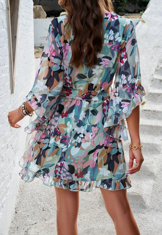 Womens V Neck Ruffle Mini Short Swing Dresses