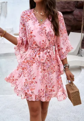 Womens V Neck Ruffle Mini Short Swing Dresses