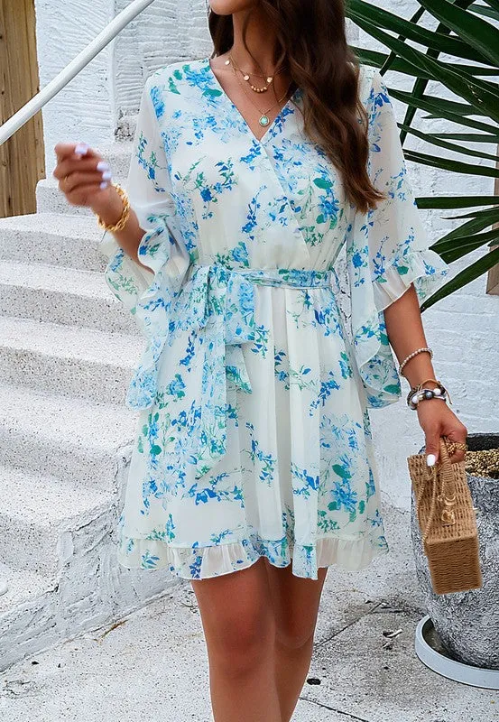 Womens V Neck Ruffle Mini Short Swing Dresses