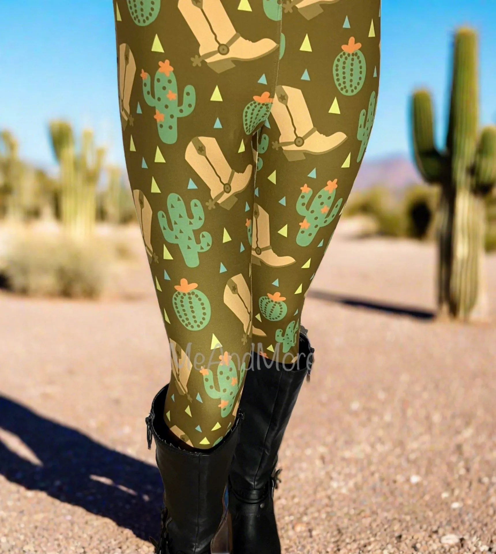 Womens Western Leggings, Cowgirl Boot Cactus Leggings, Soft Yoga Pants, Sizes 0-22, Yoga Waist, Brown/Green, Exclusive Leggings