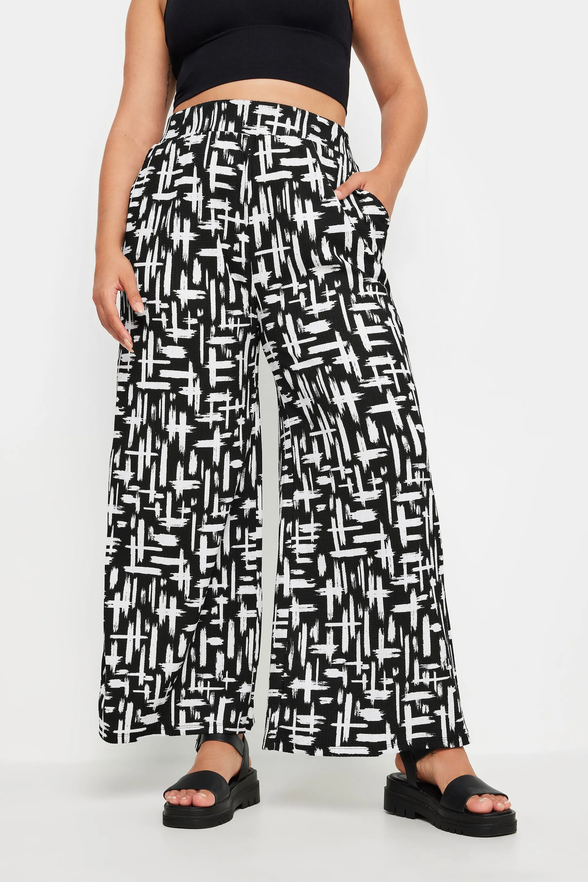 YOURS Curve Black Abstract Print Textured Wide Leg Trousers