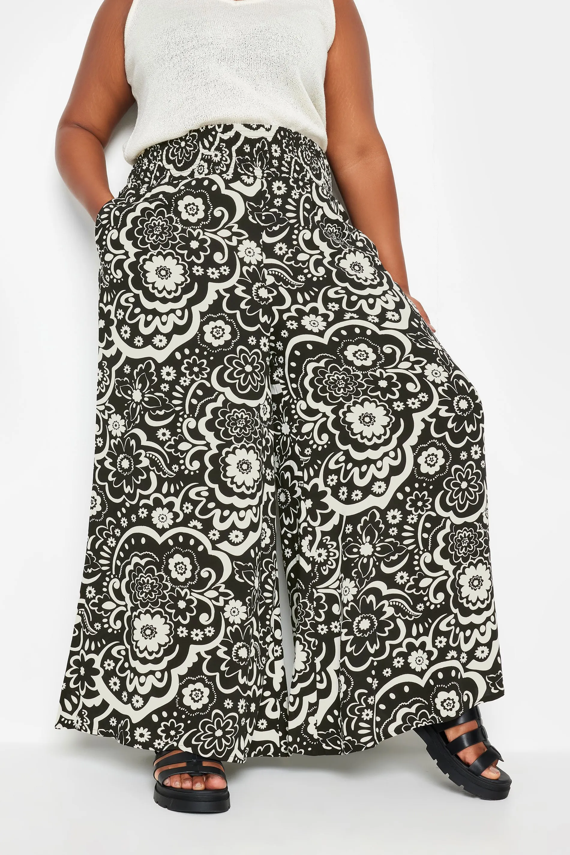 YOURS Curve Black Floral Print Shirred Wide Leg Trousers