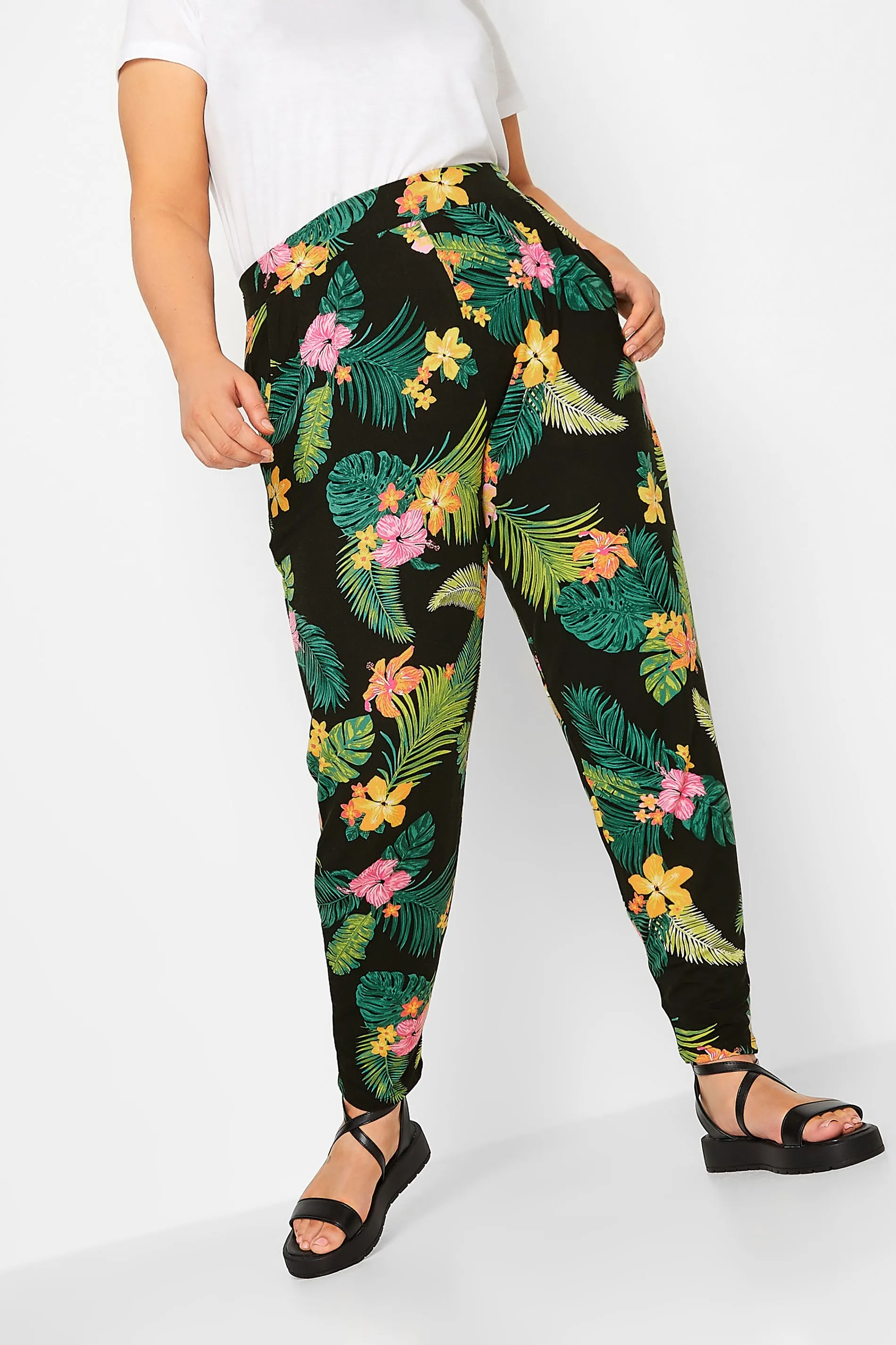 YOURS Curve Black Tropical Print Double Pleat Harem Trousers