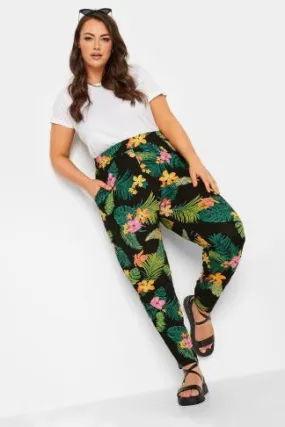 YOURS Curve Black Tropical Print Double Pleat Harem Trousers