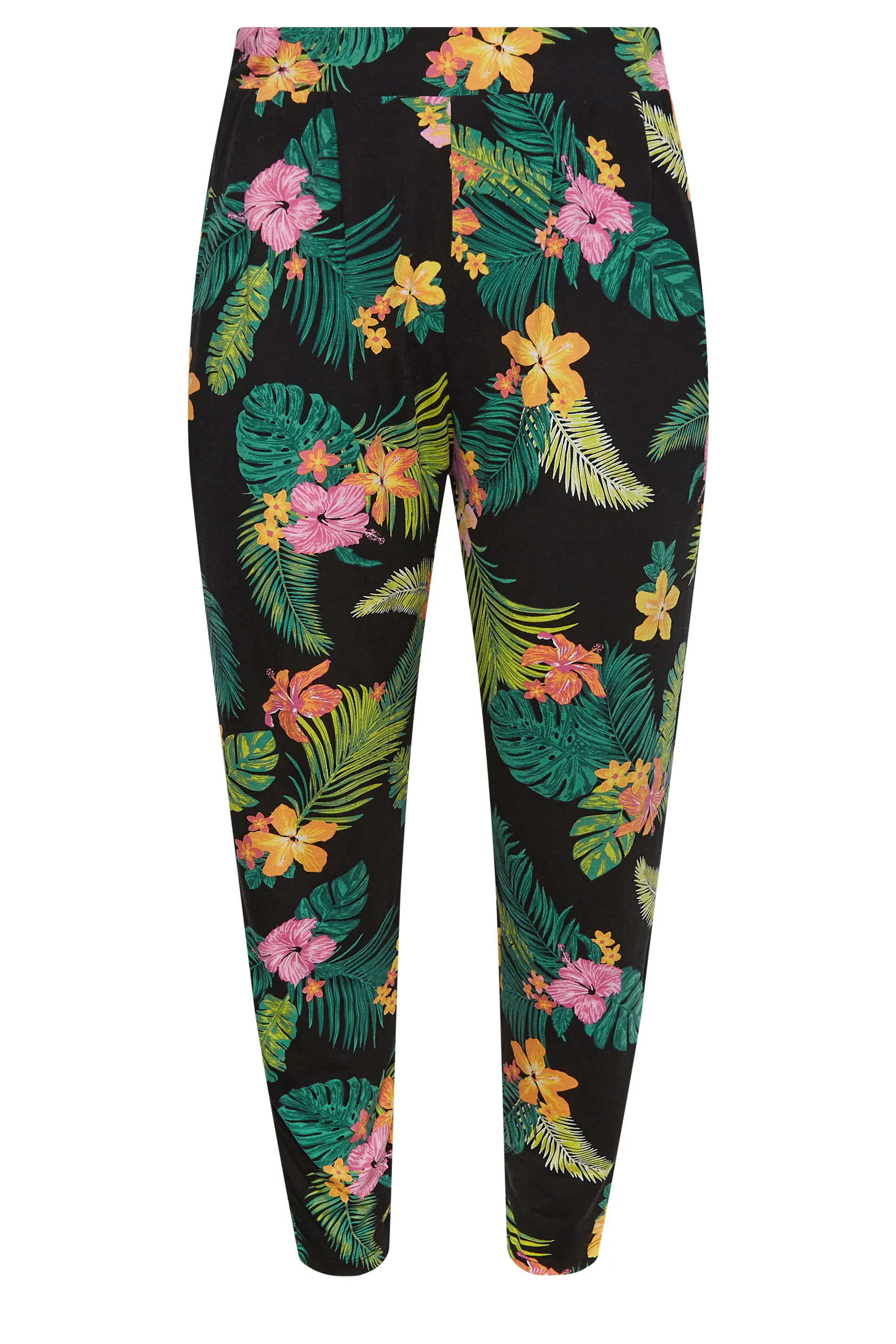 YOURS Curve Black Tropical Print Double Pleat Harem Trousers