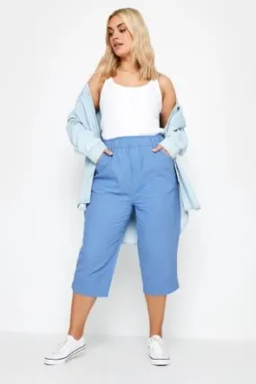 YOURS Curve Blue Elasticated Cool Cotton Cropped Trousers